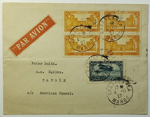 1927 French Morocco Airmail Cover Casablanca to Tangier c/o the American Consul Cover