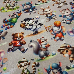 Stoff Baumwolle Jersey Hase Katze Zebra Bär Elefant beige bunt Kinderstoff - Bild 1 von 5