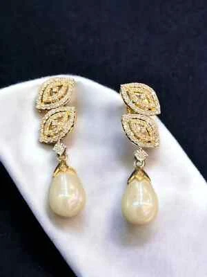 Stunning Pearl Dangle Earrings 14K Gold 9.18 Carats Round Brilliant Cut Diamonds - Image 1 of 4