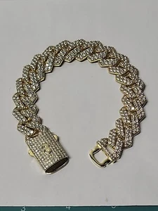 14k Gold Over Sterling Silver Cuban Link Bracelet Iced Aaa Cz Stones 15mm 70 Gr - Picture 1 of 20