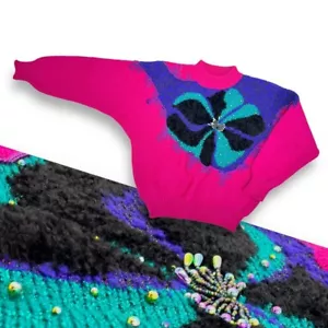 Jaclyn Smith 80s 90s Vintage Beaded Floral Sweater Neon Pink Gaudy Tacky S/M - Bild 1 von 4