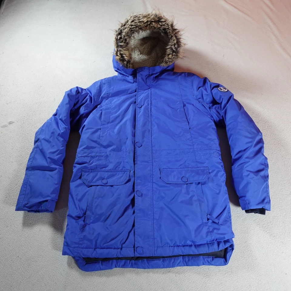 Lands End Down Jacket Youth Puffer Extra Large Blue Puffer Faux Fur Hood Trim - Image 1 of 4