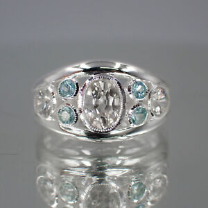 Natural White Zircon 2.07ct & Blue Zircon set in silver ring 925 #ring size 8