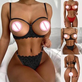 Women's Sexy Babydoll Lingerie Open Cup Bra Set G-String Thong Panties Nightwear