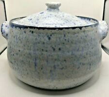 Vintage 1998 signed "SA" crock, white with blue specks, w/lid and handles