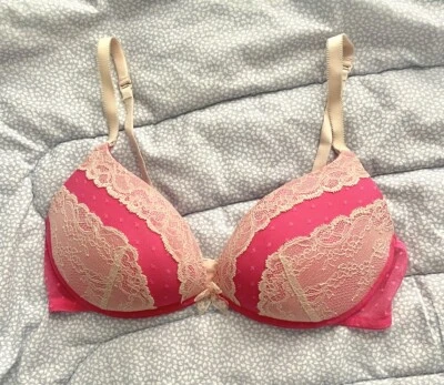 Hot Pink Wireless Cream Lace Push Up Bra Vintage Dots Bow Girly Sexy Aerie 36D - Image 1 of 4