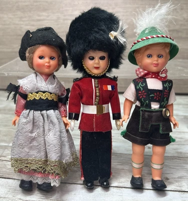 Lot of 3 Vintage International Travel Souvenir Dolls - Sleepy Eyes - Full Dress - Image 1 of 4