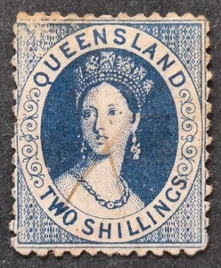 1880- Queensland Australia 2/- Deep Blue Chalon Head stamp P12 WMK Crn/Q Used - Bild 1 von 2