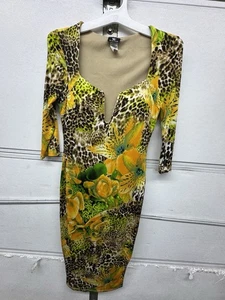 Vintage 90s Va Va Voom Large Floral & Animal Print Deep V Neck Midi Dress - Picture 1 of 5