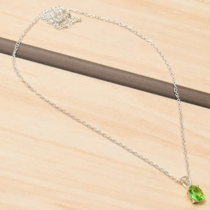 Green Peridot Gemstone Pendant Necklace 925 Sterling Silver Chain Jewelry - Picture 1 of 3