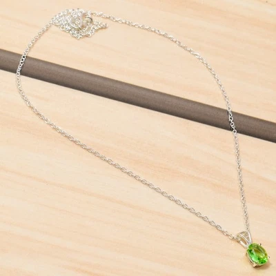 Green Peridot Gemstone Pendant Necklace 925 Sterling Silver Chain Jewelry - Image 1 of 3