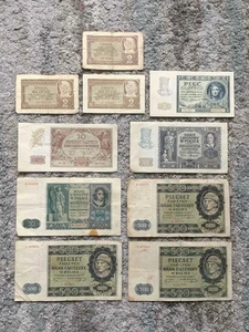Lot of (10) Vintage 1940-41 WWII Poland 2, 5, 10, 20, 50 & 500 Zlotych Banknotes - Picture 1 of 10