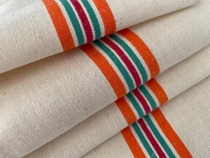 Makellos New Old Stock antik französisches Geschirrtuch orange rot grüne Streifen auf Ecru - Bild 1 von 6