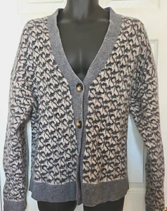 Fred Segal Large Gray Print Alpaca Wool Blend Cardigan Sweater Buttons Oversized - Picture 1 of 5