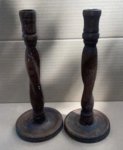 Pair of Antique Edwardian oak wooden / Treen barley twist candlesticks 24.75cm - Picture 1 of 14