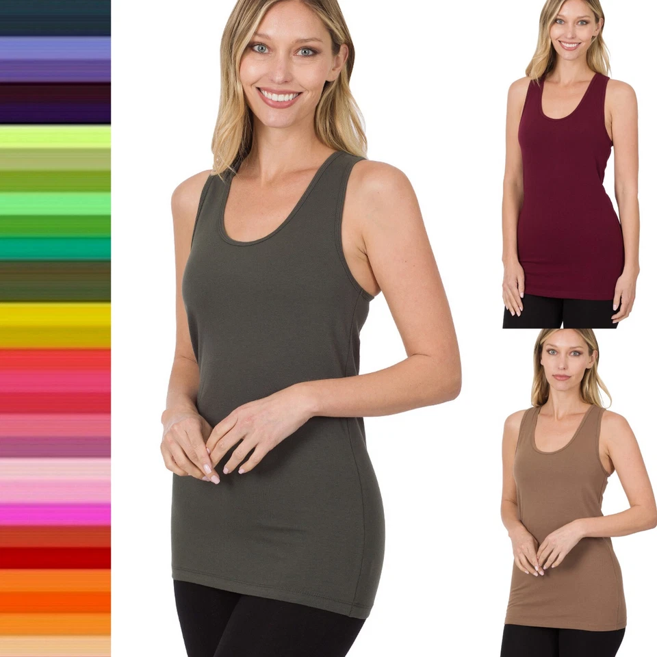 1X 2X 3X Round Neck Sleeveless Soft Stretch Cotton Racer Back Basic Tank Top - Image 1 of 1