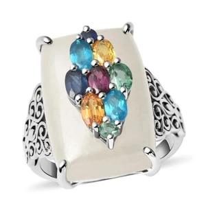 White Jade and Multi Gemstone Art Deco Pattern Ring in Rhodium Over Silver - Picture 1 of 6