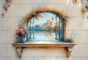 IMPRESIÓN ARTÍSTICA VISTA CASTILLO A TRAVÉS DE UNA VENTANA, decoración Cottagecore, póster de jardín E112 - Imagen 1 de 4