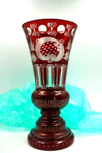 Vintage Bohemian Ruby Overlay Clear Cut Crystal Footed Vase, Romania, 11 3/4" - Picture 1 of 3