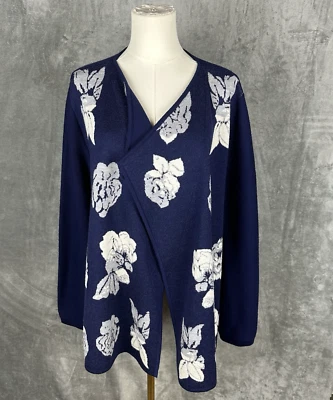 Cárdigan de lana merino J Peterman para mujer azul marino tejido floral abierto LEER Foto 1 de 4