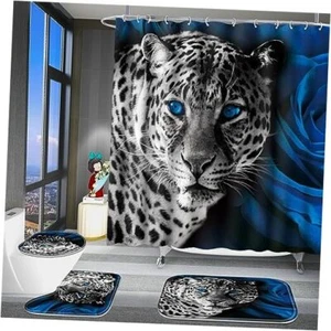 4 Pcs Bathroom Set,Rose and Leopard Shower Curtain Bright Style Shower Blue - Picture 1 of 7