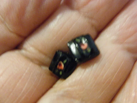 Antique 2 glass button diminutive design rose w 4 leaves h painted square sz 5mm Cover