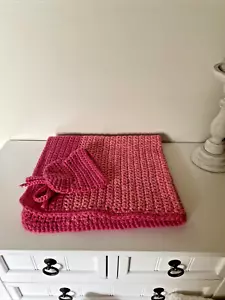 NEW Baby Girl Blanket Hat Bold Pink Handmade Crochet 22" x 25" Throw Crib - Picture 1 of 7