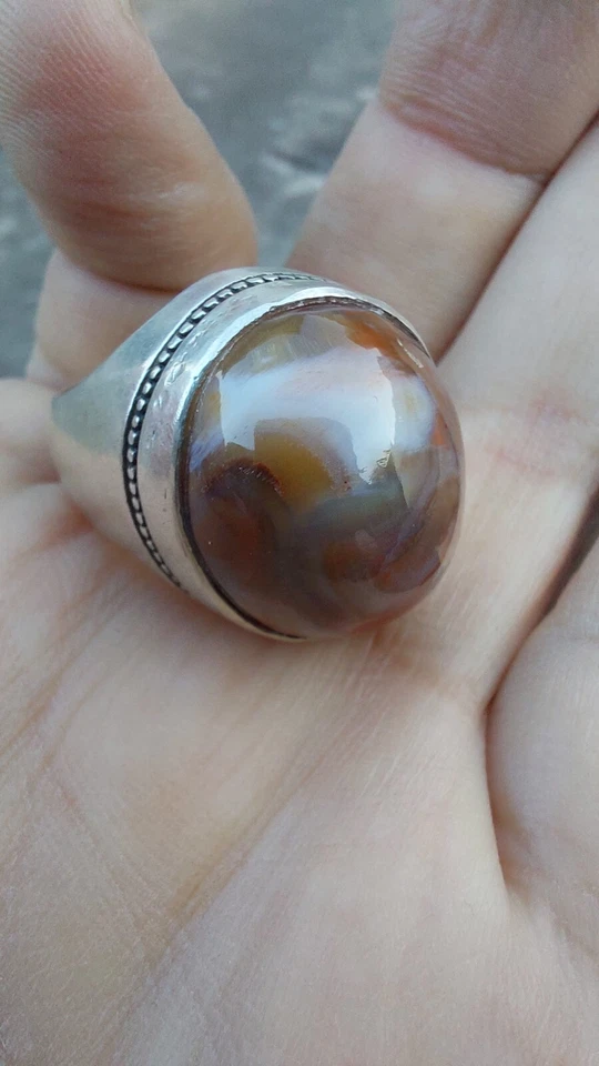 Natural GRANDE Marrón Sulimani Yemení Aqeeq Anillo de Plata Hecho a Mano Sufi Hombres Anillo Foto 1 de 4