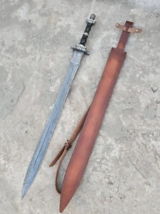 Sword, 96.52 CM Replica 1095 Damascus Steel, Blood Grooves Blade, Leather Sheath - Picture 1 of 7