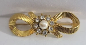 Vintage Brosche goldfarben Kunstperlen und Strass Band - Bild 1 von 5