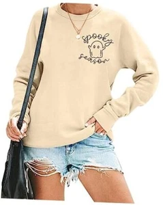 Women Halloween Sweatshirt Spooky Season Ghost Embroidered XX-Large Apricot - Picture 1 of 8