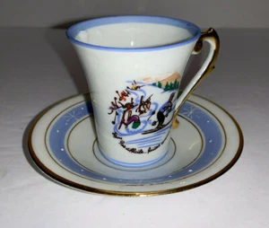 Pate De Limoges Cup & Saucer Winter Snow Skiing Tourist Souvenir Scene - Imagen 1 de 12