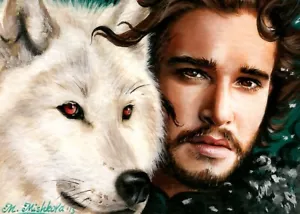 Limited Edition ACEO PRINT Jon Snow Game Thrones Ghost White Direwolf M Mishkova - Picture 1 of 1