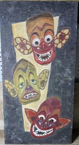 MCM European Carnival Outsider Style Painting On Wood Board Clown Like Faces - Picture 1 of 13