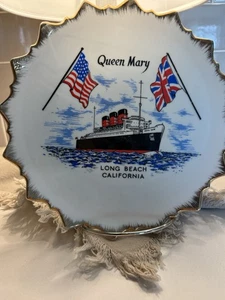Queen Mary Ocean Liner Souvenir Plate Vintage Long Beach California Gold Trim - Picture 1 of 2