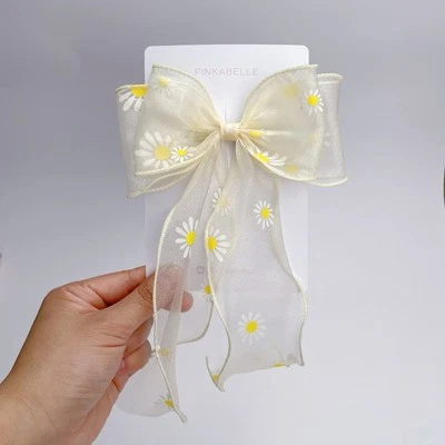 Pinza para el pelo con lazo de cinta de margarita, moño de cola larga estampado floral de organza amarillo para niña Foto 1 de 4