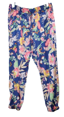 JOHNNY WAS Women's Blue Floral Silk Satin Jogger Elastic Pant Pockets Size Med - Image 1 of 4
