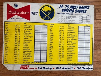 Cartel de cartón Buffalo Sabres Budweiser 1974 de la NHL CALENDARIO DE JUEGOS FUERA Foto 1 de 4