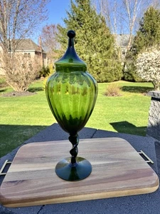 Vintage 18” Empoli Italy Green Pedestal Glass Apothecary Jar Twist Stem Lid - Picture 1 of 11