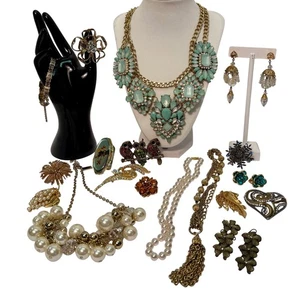 Chunky Statement Necklace Brooch Earrings Ring Jewelry Lot Costume - Picture 1 of 13