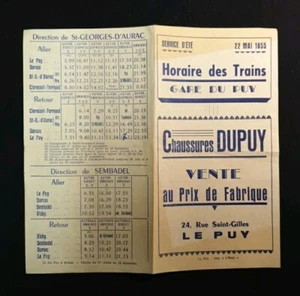 VIEUX PAPIERS SNCF HORAIRES TRAINS GARE DU PUY MAI 1955 - Imagen 1 de 2