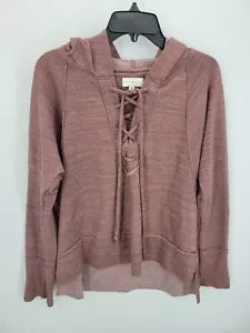 Lucky Brand Hoodie Womens Medium Heather Pink Lace Up Hooded Boho Pullover - Picture 1 of 8