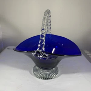 Cobalt Blue Art Glass Basket With Ribbed Handle 8" Tall x 7-1/4" Wide - Picture 1 of 8