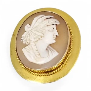 Antike viktorianische 1880er 15 Karat Gold Muschel Kamee einer griechischen Frau im Profil - Bild 1 von 13