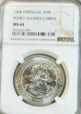 1968 PORTUGAL SILVER 50 ESCUDOS PEDRO ALVARES CABRAL NGC MS 64 PQ BU BEAUTY - Image 1 of 4