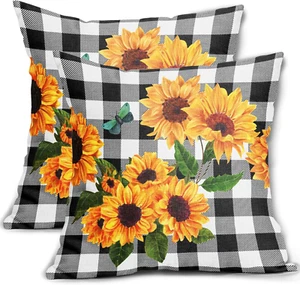Sunflower Pillow Covers 18X18 Set of 2 Summer Flower Black Buffalo Plaid Yellow - Picture 1 of 8