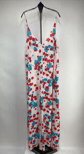 Vintage Nylon Nightgown Floral Maxi White Red Blue Size L FLAWS