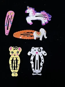Vintage Snap Barrettes Metal Animals Colorful Clips Lot of 5 Dog Cat Unicorn - Picture 1 of 14