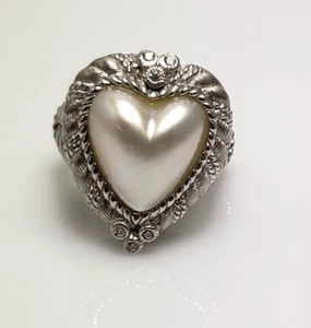 Judith Ripka Sterling Silver White Mabe Pearl Heart Diamonique Ring Size 6 - Picture 1 of 9
