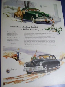 1947 Kaiser Frazer large-mag car ad -both cars- winter theme - Picture 1 of 1